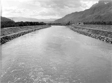 Bis vor wenigen Jahrzehnten waren die Böschungen der Etsch und auch die Etschdämme frei von Bäumen und Sträuchern; im Bild der Abschnitt bei Vilpian im Jahr 1972. Foto: LPA/Amt für Wildbach- und Lawinenverbauung Süd