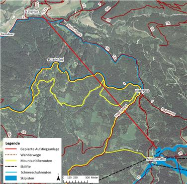 Der Trassenverlauf der geplanten Aufstiegsanlage St. Zyprian-Frommer Alm. Foto: Landesamt für Landesplanung