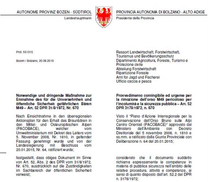 Il frontespizio dell'ordinanza firmata da Kompatscher Foto Usp