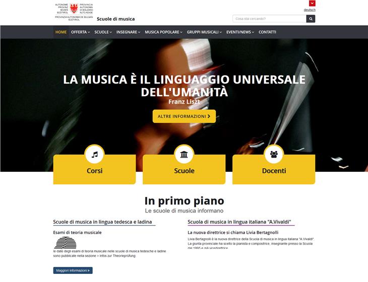 La homepage del portale delle scuole di musica della Provincia di Bolzano